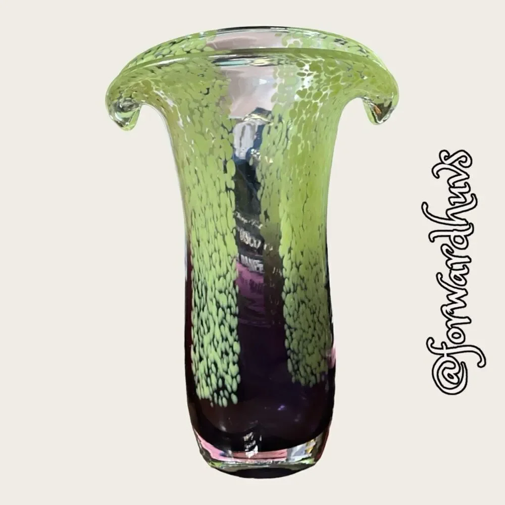Vintage Teleflora Hand Blown Spring Glass Vase |Green Purple | 8